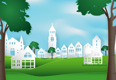 Spring season with blue sky peaceful and relaxing in city town background, paper art style illustration.のイラスト素材