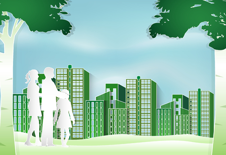 Family standing in the park and green building urban lifestyle,  paper art style illustration.のイラスト素材
