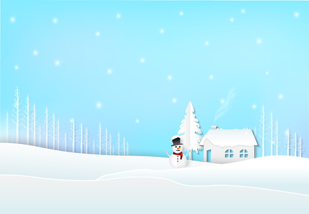 Winter holiday cottage with snow and snowman. Christmas season paper art style illustration.のイラスト素材