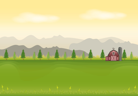 Red barn in field landscape background, paper art style illustrationのイラスト素材