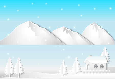Winter and snow with Cottage near the lake, Christmas season background paper art style illustration.のイラスト素材