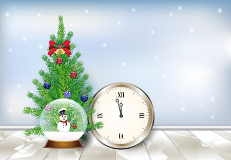 Christmas tree and snow globe on wooden background, Holiday winter backgroundのイラスト素材