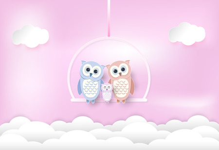 Owl family on pink background, paper art, paper cut styleのイラスト素材