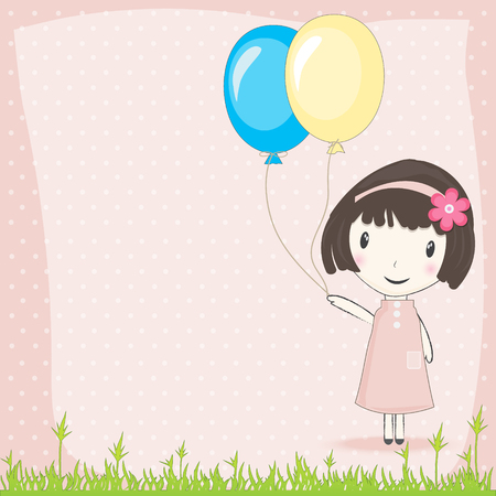 Girl with balloons in meadow and polka dot on pink backgroundのイラスト素材