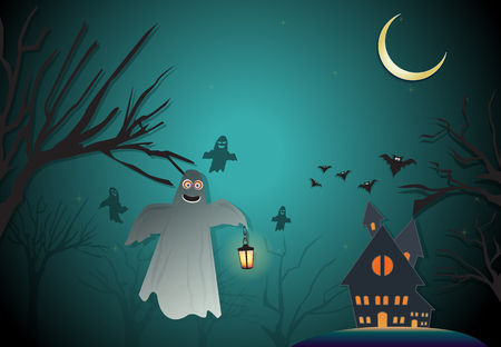 Paper art illustration of Spooky and Haunted house Halloween night backgroundのイラスト素材