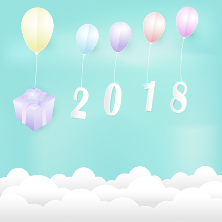 Balloons with Gift box Paper art illustration. 2018 Christmas season Paper cut styleのイラスト素材