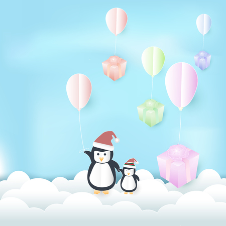 Penguin with Balloons and Gift boxes Paper art illustration. Christmas season Paper cut styleのイラスト素材