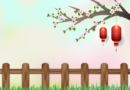 Red lantern hanging on branch of cherry blossom. nature background, paper cut, paper art illustrationのイラスト素材