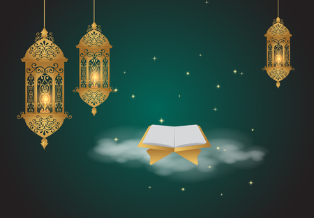 Ramadan Kareem background. Golden Lantern with pattern design decoration Arabic styleのイラスト素材
