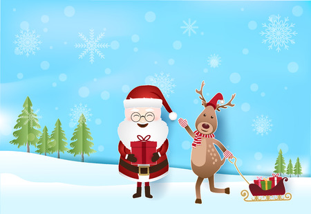 Santa and Deer with gift boxes pulling sleigh with snow and snowflake, Christmas holiday season background paper art styleのイラスト素材