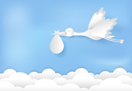 Paper art of stork flying with baby on blue sky paper cut style illustrationのイラスト素材
