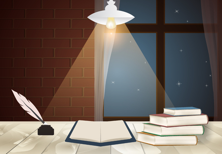 Pile of book and quill pen on the table, brick wall background vintage styleのイラスト素材