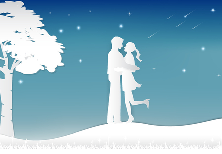 Couple standing and night sky with star, paper art, paper craft style illustrationのイラスト素材