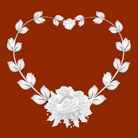 Heart frame with rose ivy and roses bouquet on red background, paper art style illustrationのイラスト素材