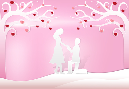 Marry me. Man staying on the knee and making proposal for girlfriend paper art style, paper craft style illustration backgroundのイラスト素材