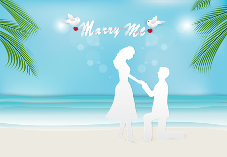 Marry me. Man staying on the knee and making proposal for girlfriend on the beach paper art style, paper craft style illustration background.のイラスト素材