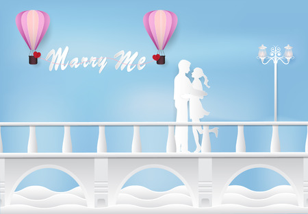 Marry me. Man making proposal for girlfriend on the bridge paper art style, paper craft style illustration background.のイラスト素材