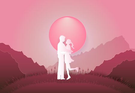 Young man and girl standing on the mountain valentine pink background paper art, paper craft style illustrationのイラスト素材