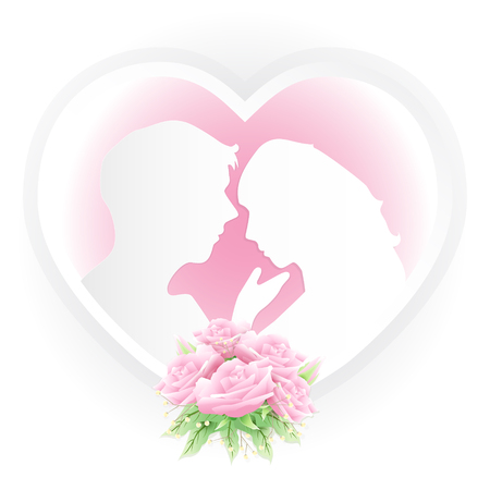Couple in heart frame with pink roses bouquet paper art styleのイラスト素材