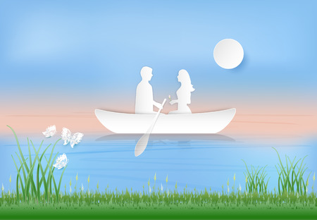Couple in the boat and butterflies paper art style, Valentine concept paper craft style illustrationのイラスト素材