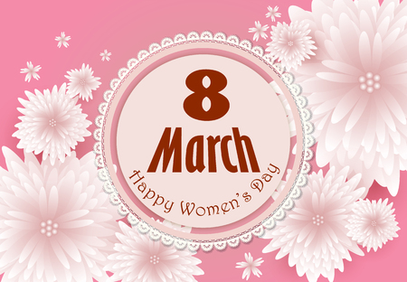 Happy Women's Day greeting paper art background. Pink flower with frame paper cut style backgroundのイラスト素材