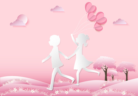 Boy and girl with happiness and holding balloon heart in the meadow, paper art, valentine pink background paper craft style illustrationのイラスト素材