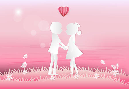 Boy and girl with heart valentine pink background paper art, paper craft style illustrationのイラスト素材