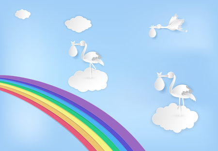Paper art of stork flying with baby and rainbow on blue sky paper cut style illustrationのイラスト素材