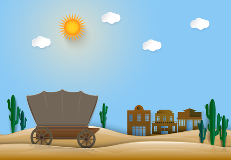 Saguaro Cactus in Western town countryside. Paper art style, paper cut illustrationのイラスト素材