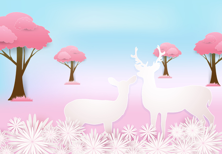 Deer couple and pink floral in meadow paper art style, Valentine concept paper craft style illustrationのイラスト素材