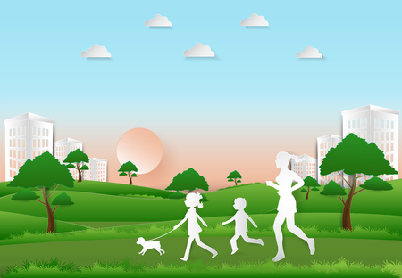 Children to take a dog for a walk and Woman jogging in the park on sunset background, Paper art, paper cut illustration.のイラスト素材