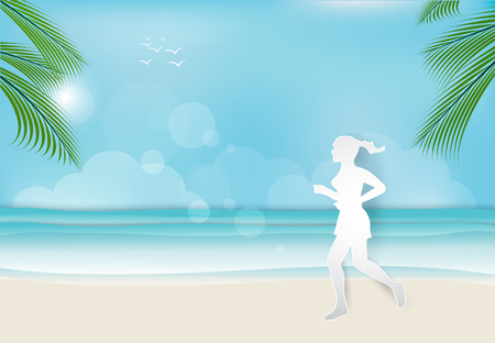 Woman jogging on the beach in the morning Paper art background  paper cut illustrationのイラスト素材
