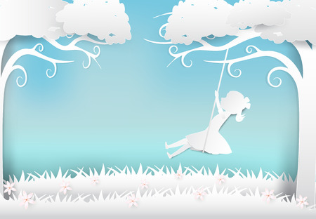 Girl sitting on swing under tree and flower paper art, paper craft style illustration backgroundのイラスト素材