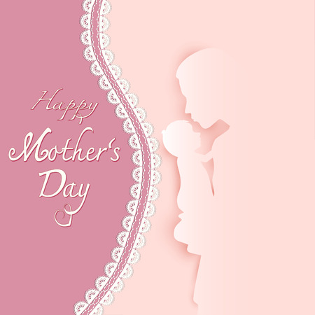 Mother and baby with Happy Mother's day text on pink Paper art background, Paper cut illustrationのイラスト素材