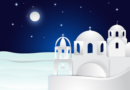 Paper art of Santorini in Aegean sea on night sky background. Paper cut, Paper craft illustrationのイラスト素材