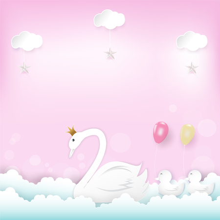 Family' s Princess Swan with balloons floating and cloud Happy Birthday, Congratulations card, or Shower card paper art, paper craft style illustration pink backgroundのイラスト素材
