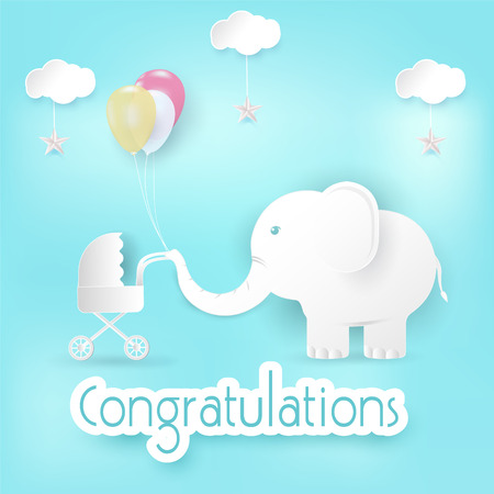 Elephant and balloons with baby stroller Congratulations card, Happy Birthday or Shower card paper art style illustration blue backgroundのイラスト素材
