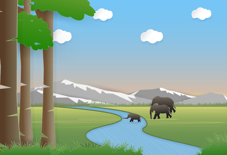 Elephants family in meadow. Nature landscape background  paper art style illustration.のイラスト素材