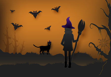 Young witch with cat in dark forest and bat Halloween paper art background, paper cut style illustrationのイラスト素材