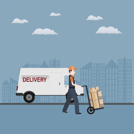 Man and crate on handcart icon, Delivery service illustration backgroundのイラスト素材