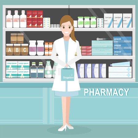 Pharmacy or drugstore with woman pharmacist at the counter. Medicine illustrationのイラスト素材