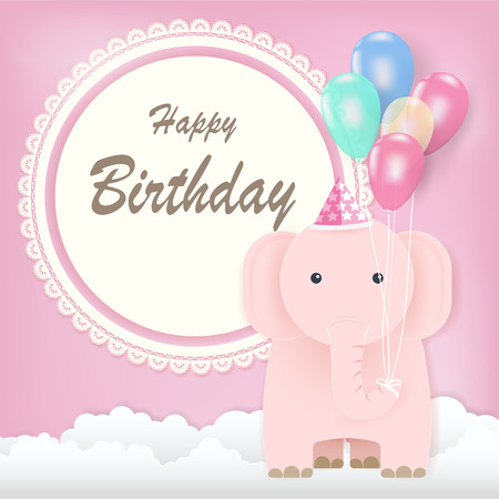 Round retro frame and balloon with elephant Greeting card, Happy Birthday card  pink backgroundのイラスト素材