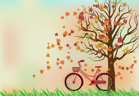 Paper art of illustration Autumn with red bicycle under maple tree and floating maple leaves, paper craft for background, greeting cardのイラスト素材