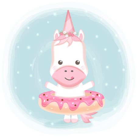 Cute unicorn with donut hand drawn cartoon watercolor illustration on green backgroundのイラスト素材