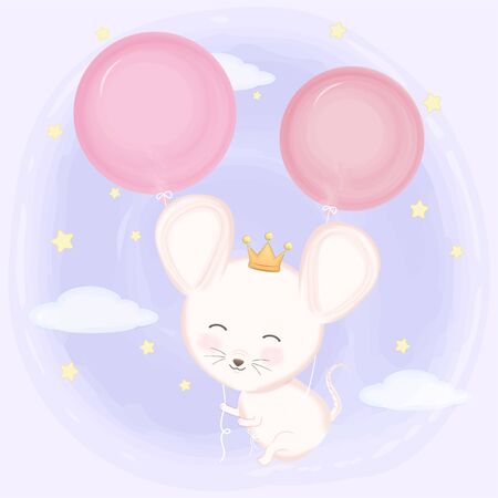 Cute mouse and balloons hand drawn animal illustration watercolor on purple backgroundのイラスト素材