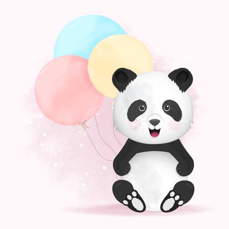 Cute panda with balloon hand drawn animal cartoon illustration on pink watercolorのイラスト素材