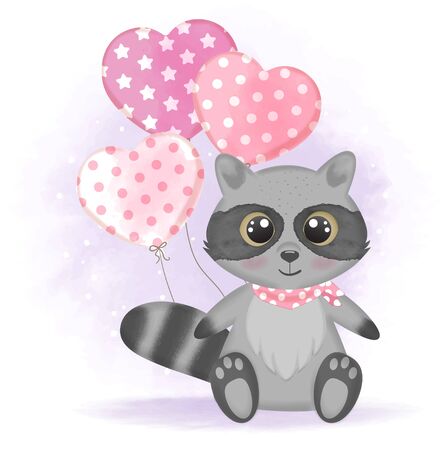 Cute raccoon with balloon hand drawn cartoon animal illustrationのイラスト素材