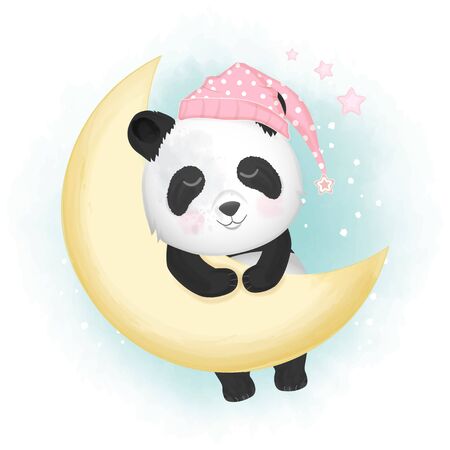 Cute panda sleeping hand drawn cartoon illustration watercolor backgroundのイラスト素材