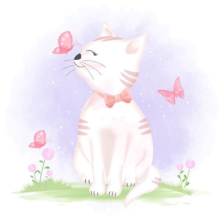 Cute cat and butterflies, hand drawn cartoon animal illustrationのイラスト素材