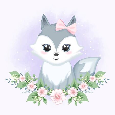 Cute baby fox with flower hand drawn cartoon animal watercolor illustrationのイラスト素材